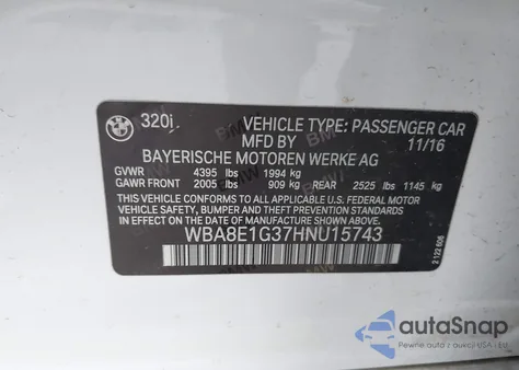 2017 BMW 320I из США, поврежденный, VIN WBA8E1G37HNU15743